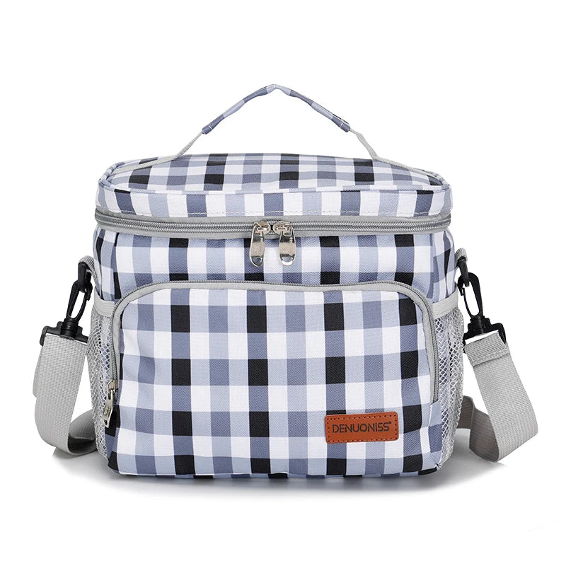 Sac isotherme à carreaux bleu, blanc et noir à pique-nique