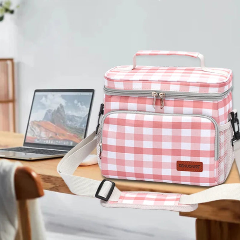 Sac isotherme à carreaux rose et blanc pour pique-nique à l'intérieur 