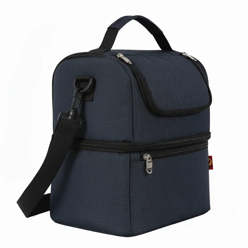 Sac isotherme repas bleu marine vu de coter à l'avant du sac