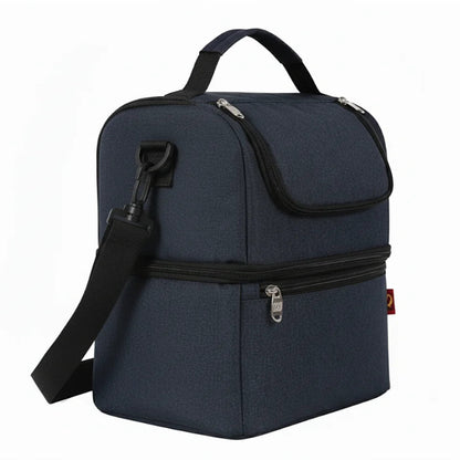 Sac isotherme repas bleu marine vu de coter à l'avant du sac