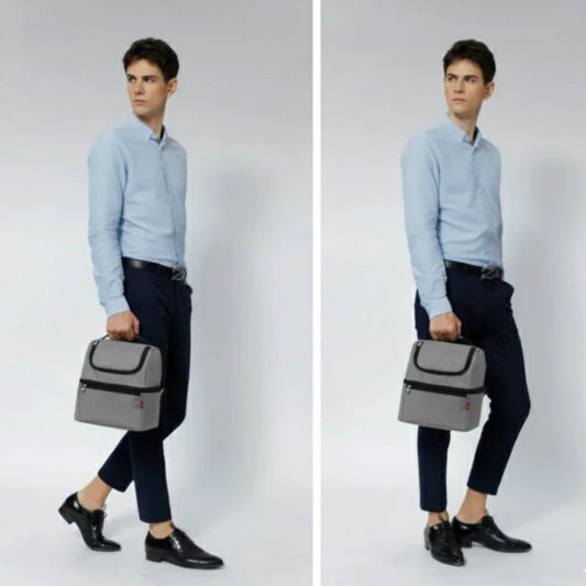 Sac isotherme gris porter par un modèle 