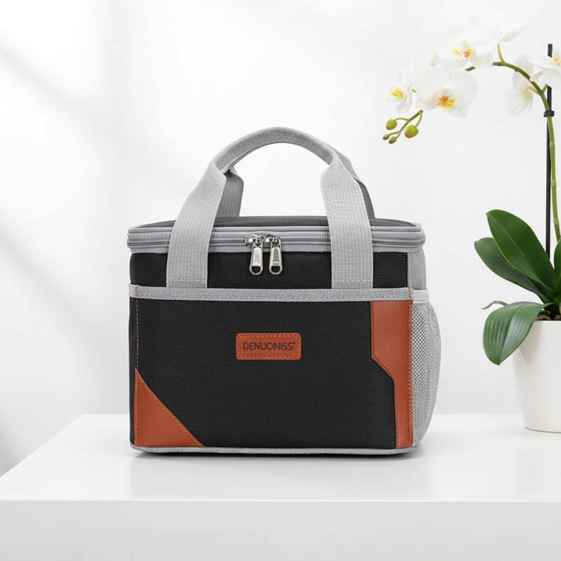 Sac isotherme repas noir et gris pour déjeuner au travail, format compact avec poignée renforcée.