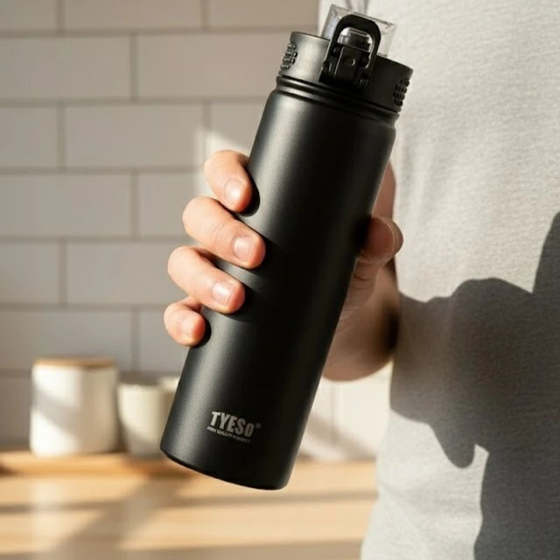 Bouteille isotherme en inox noir mat TYESO tenue à la main, idéale pour garder les boissons chaudes ou froides pendant plusieurs heures, avec un design moderne et un bouchon hermétique transparent.