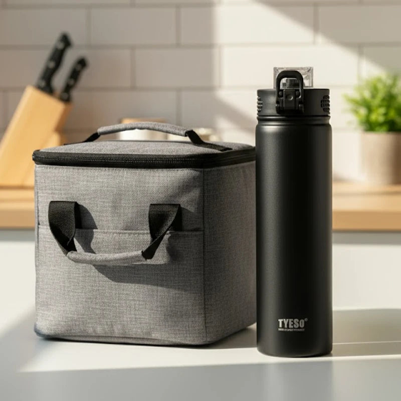 Bouteille isotherme en inox noir mat TYESO posée à côté d’un sac isotherme gris, idéale pour emporter ses boissons chaudes ou froides au travail, en pique-nique ou à la salle de sport.