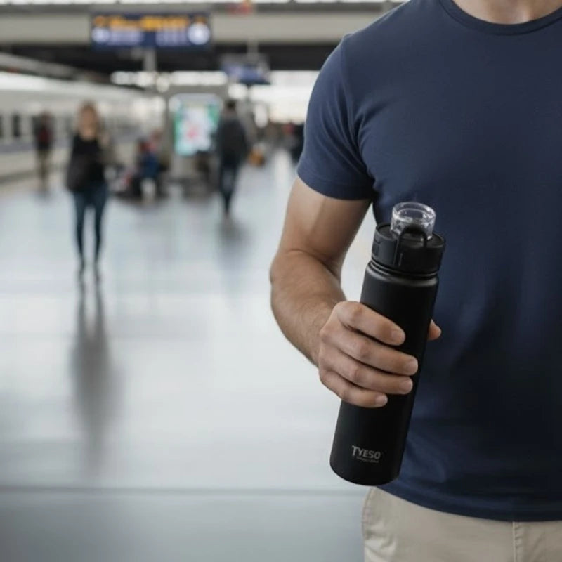 Bouteille isotherme en inox noir mat TYESO tenue à la main dans une gare, parfaite pour garder les boissons chaudes ou froides pendant les déplacements ou les voyages. 