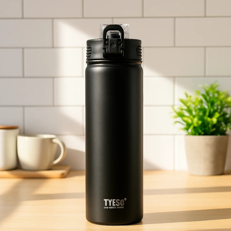 Bouteille isotherme en inox noir mat de la marque TYESO, posée sur un plan de travail en bois dans une cuisine lumineuse, idéale pour garder les boissons chaudes ou froides plusieurs heures.