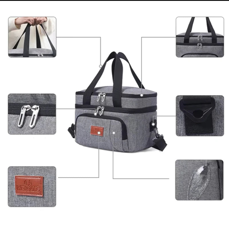 Détails de la glacière isotherme 25L gris à double compartiment, avec poignée renforcée, fermetures éclair solides et tissu Oxford imperméable.