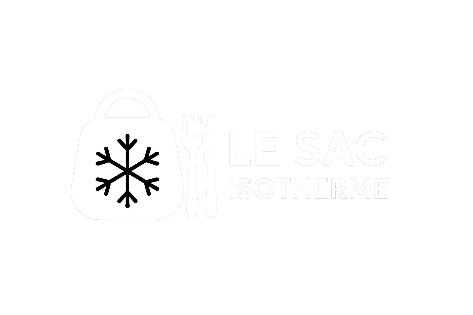 Logo blanc représentant un sac stylisé avec un flocon de neige noir au centre, accompagné d’une fourchette et d’un couteau, suivi du texte “Le Sac Isotherme” en lettres blanches modernes.