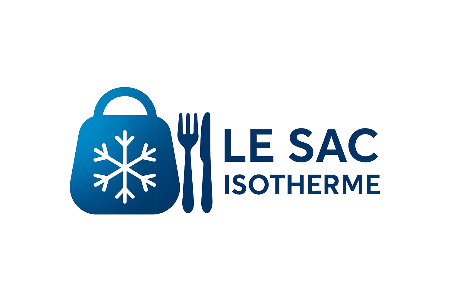 Logo bleu représentant un sac stylisé avec un flocon de neige au centre, accompagné d'une fourchette et d'un couteau, suivi du texte "Le Sac Isotherme" en lettres modernes bleues.
