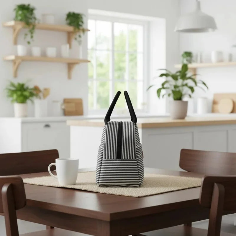 Lunch Bag à rayures noir et blanc vu de côté, posé sur une table en bois dans une cuisine claire et moderne, idéal pour transporter les repas du quotidien.