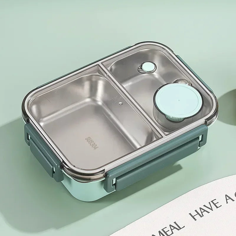 Lunch box isotherme en inox couleur menthe avec deux compartiments et un petit pot hermétique, idéale pour séparer les aliments et transporter un repas équilibré au bureau, à l’école ou en pique-nique.