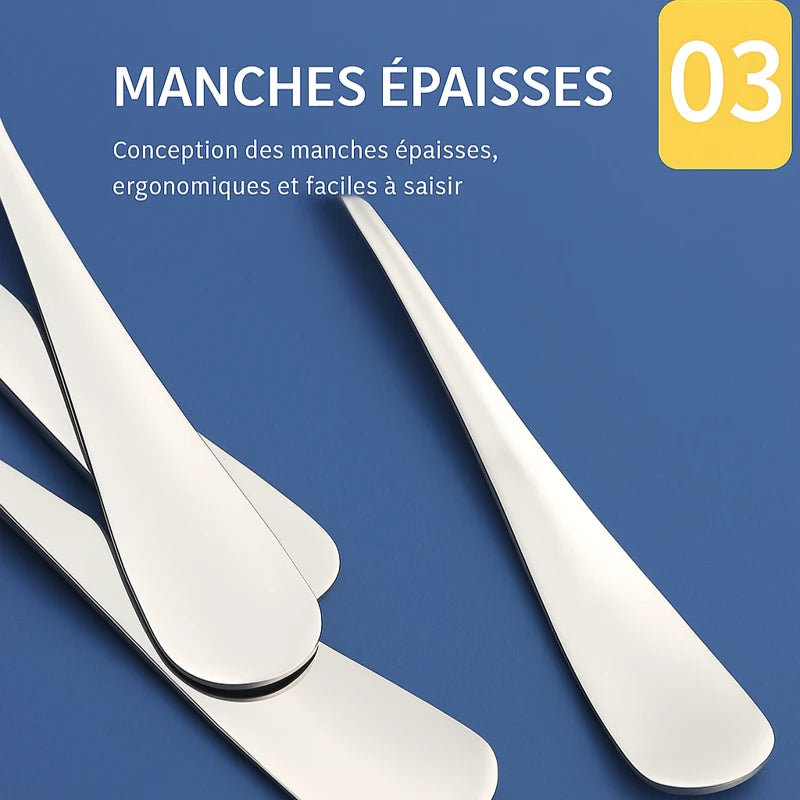 Manches épaisses en acier inoxydable, au design ergonomique et poli, posés sur fond bleu, illustrant une prise en main confortable et moderne.