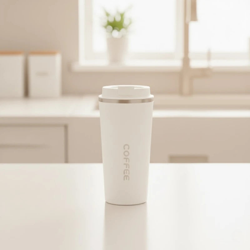 Mug isotherme en inox blanc posé sur un plan de travail lumineux, parfait pour garder le café ou le thé chaud pendant plusieurs heures.