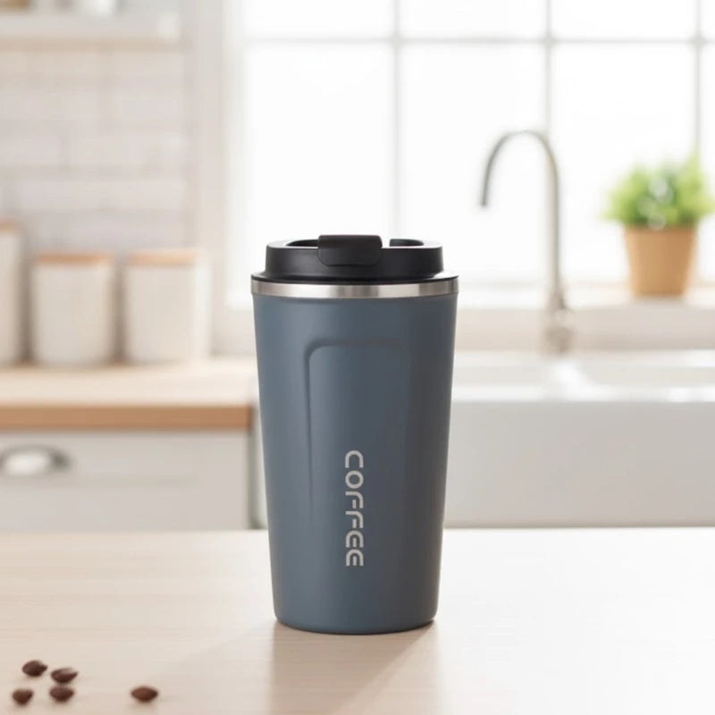Mug isotherme en inox gris mat avec couvercle hermétique, idéal pour garder le café chaud ou les boissons fraîches au bureau.