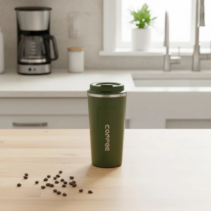 Mug isotherme en inox vert kaki posé sur un plan de travail, idéal pour maintenir le café chaud plusieurs heures.
