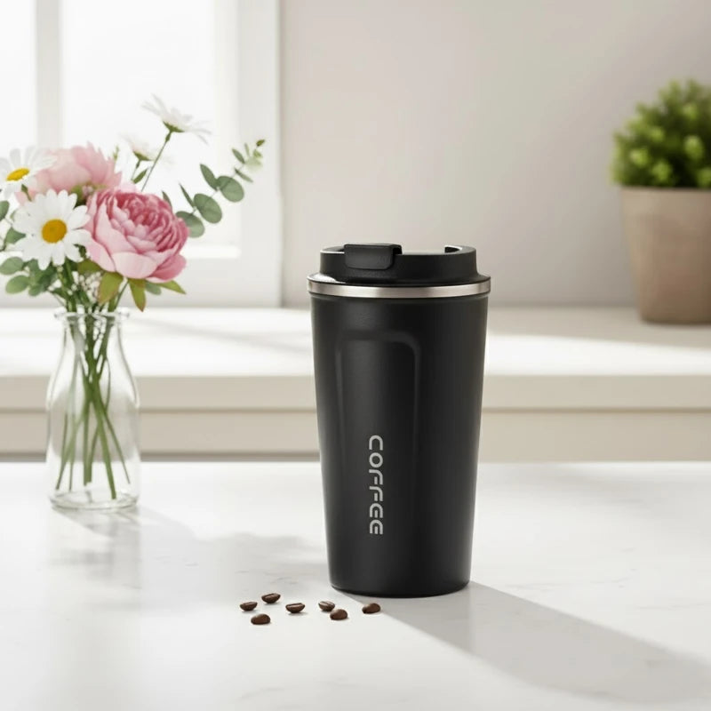 mug isotherme noire en inox posée sur une table blanche, entourée de grains de café et d’un vase de fleurs colorées, dans une cuisine lumineuse au style épuré. 
