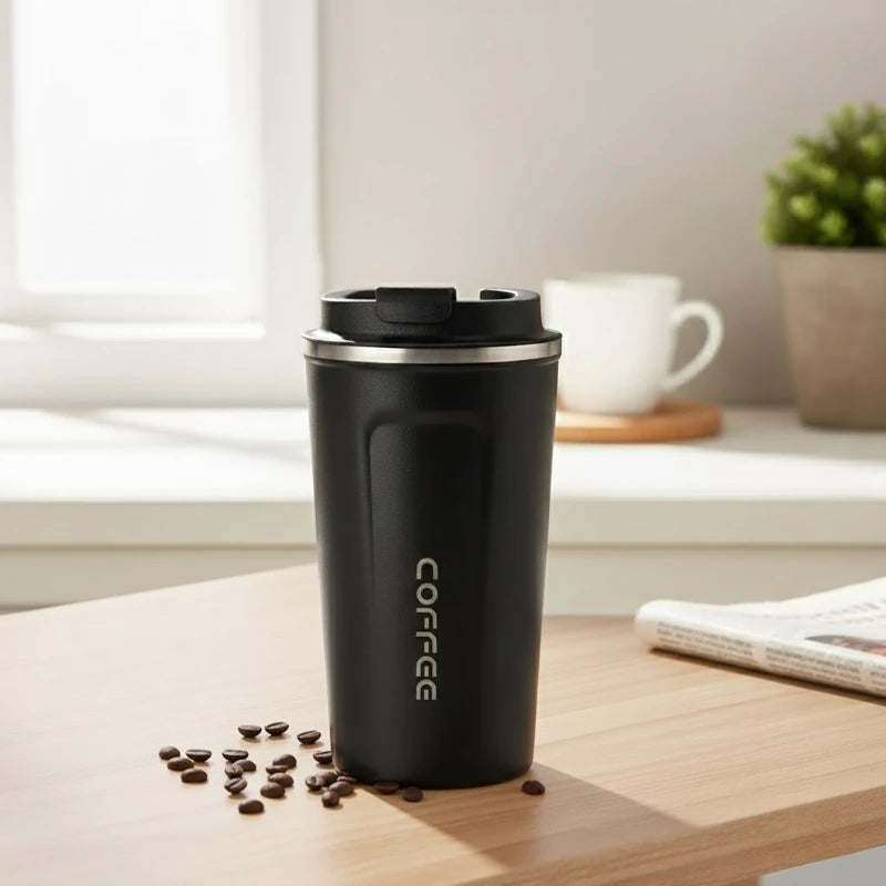 mug isotherme noire en inox posée sur une table en bois clair avec quelques grains de café au premier plan, dans une ambiance lumineuse et moderne de cuisine ou de bureau.