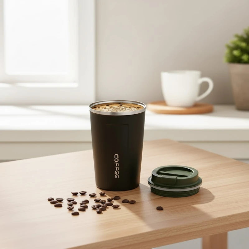 mug isotherme verte remplie de café chaud posée sur une table en bois clair, avec couvercle vert à côté et grains de café éparpillés au premier plan, dans un décor lumineux.