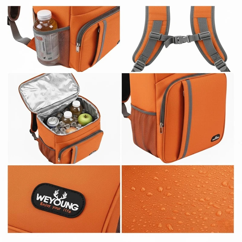Détails du sac à dos isotherme orange : compartiments latéraux en filet, intérieur isolé avec boissons et fruits, bretelles rembourrées et tissu déperlant pour une utilisation pratique au quotidien.