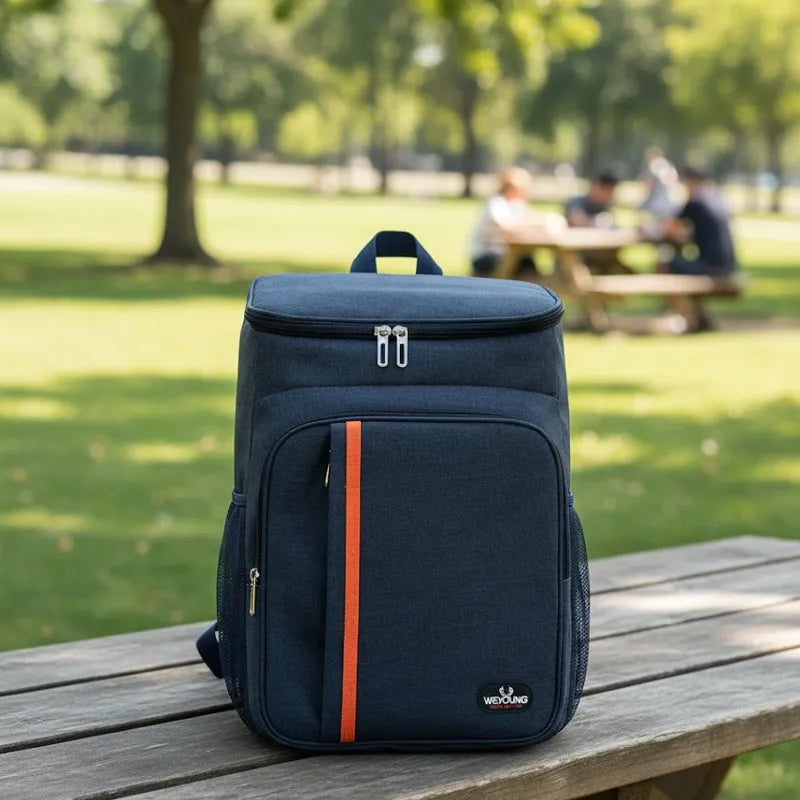 Sac à dos isotherme bleu marine posé sur une table en bois dans un parc, avec bande orange sur la poche frontale.