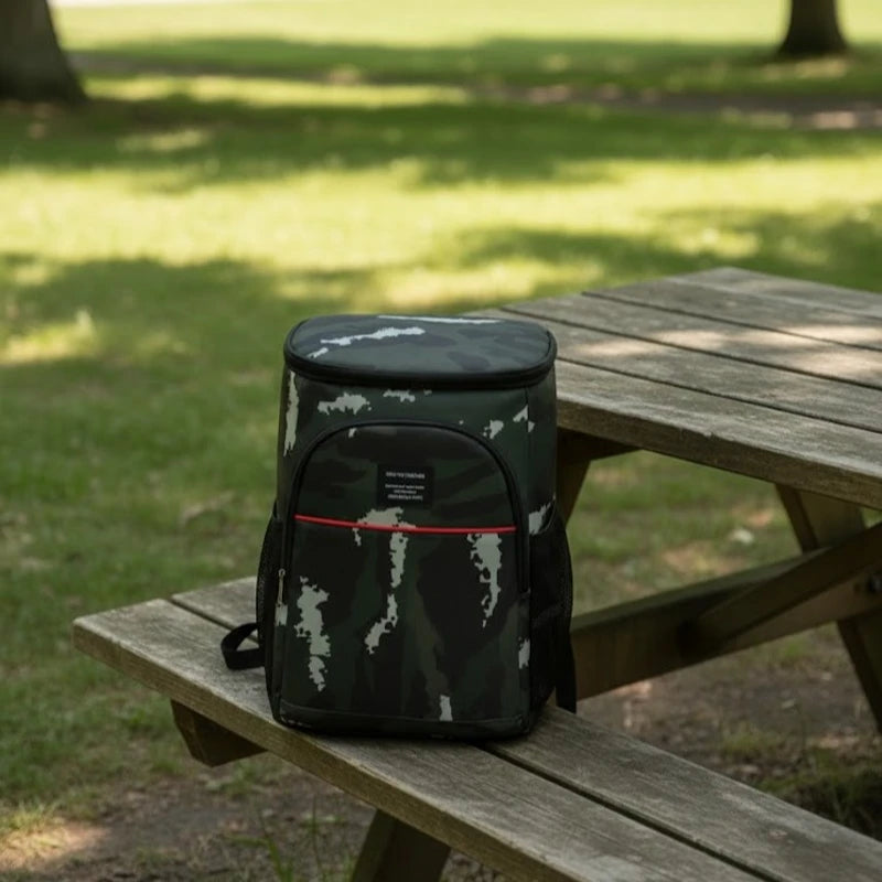 Sac à dos isotherme camouflage posé sur une table de pique-nique en extérieur, avec motif vert militaire.