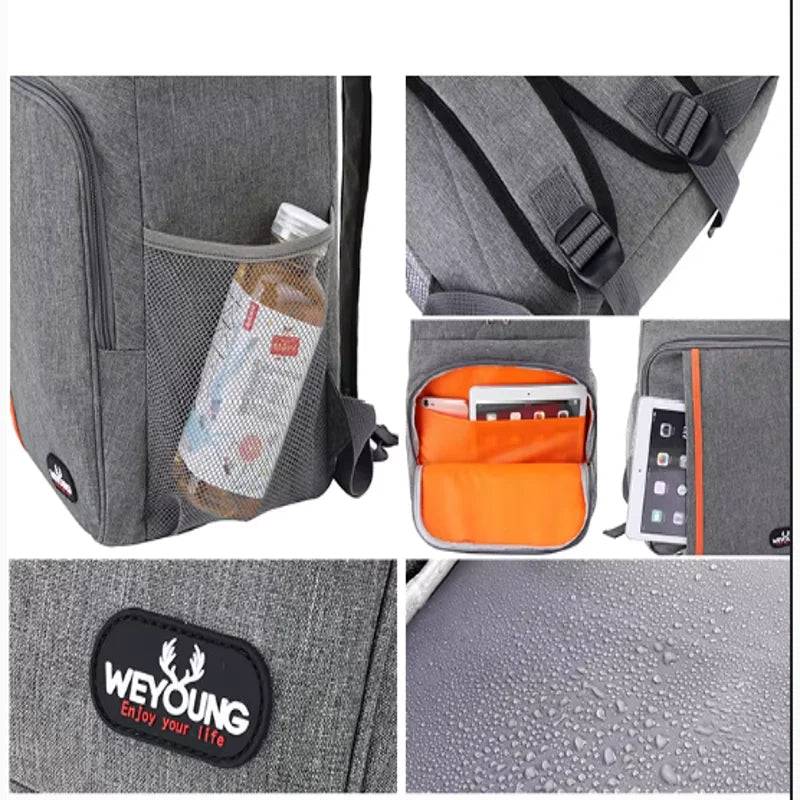 Montage de plusieurs vues d’un sac à dos isotherme gris : poche latérale avec boisson, compartiment avant orange contenant une tablette, bretelles ajustables et tissu imperméable avec gouttes d’eau.