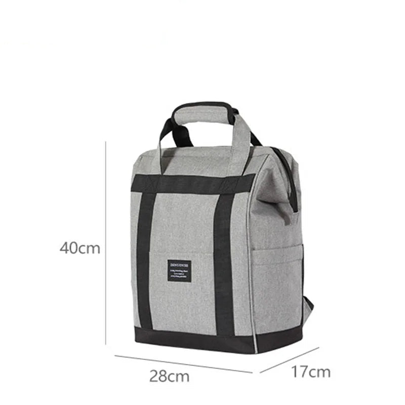 Sac à dos isotherme gris présenté avec ses dimensions 40×28×17 cm, montrant la forme et le volume du modèle.