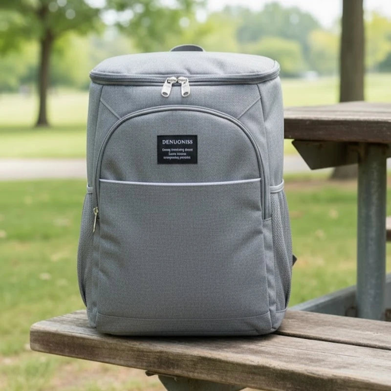 sac à dos isotherme gris posé sur un banc en bois dans un parc, vue de face