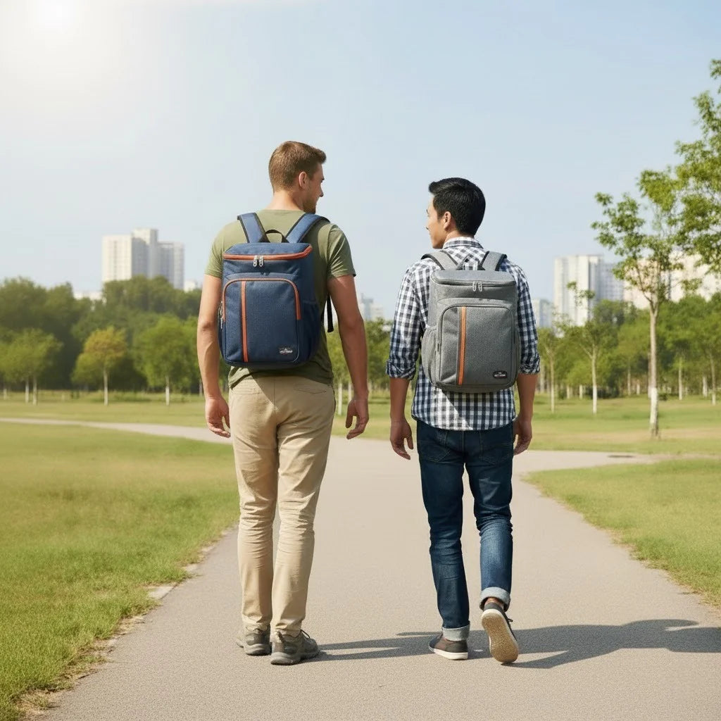 Deux hommes marchant dans un parc par temps ensoleillé, portant chacun un sac à dos isotherme — l’un bleu marine, l’autre gris — conçus pour transporter repas et boissons tout en restant élégants et pratiques.