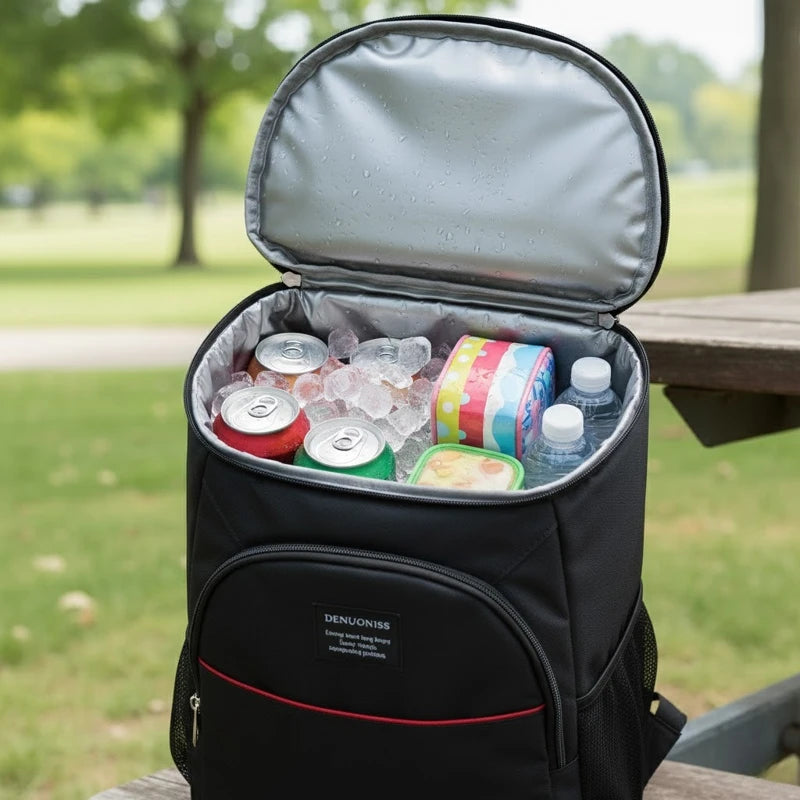 sac à dos isotherme noir ouvert rempli de canettes, bouteilles d’eau et boîtes repas avec glace pilée, posé sur une table en extérieur