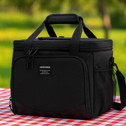 Sac isotherme 13l noir poser sur une nape de pique-nique