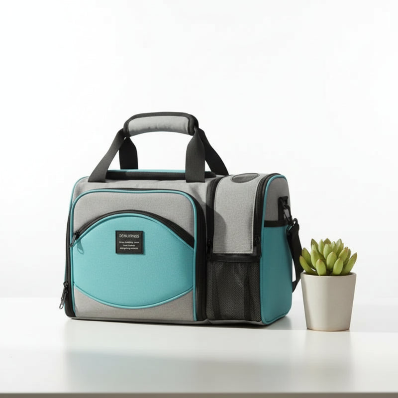 Sac isotherme 25L gris et bleu turquoise posé sur une table de cuisine, pratique pour conserver les repas frais au quotidien.