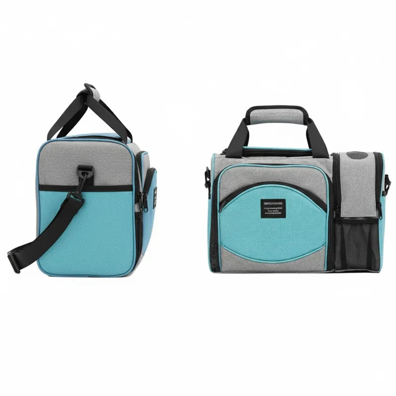 Sac isotherme 25L gris et bleu turquoise présenté sous deux angles, avec bandoulière réglable et poches de rangement latérales.