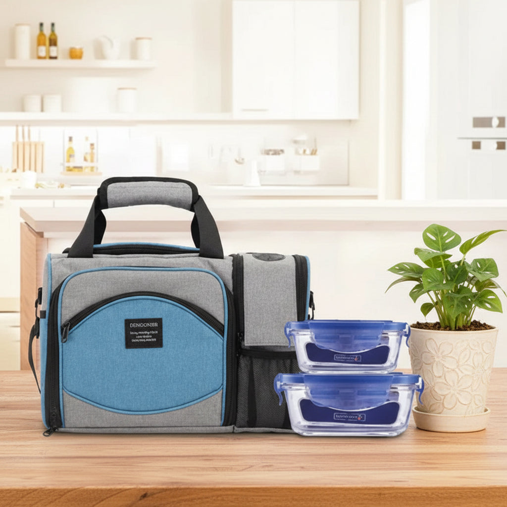Sac isotherme 25L gris et bleu uni posé en cuisine avec deux boîtes repas en verre.