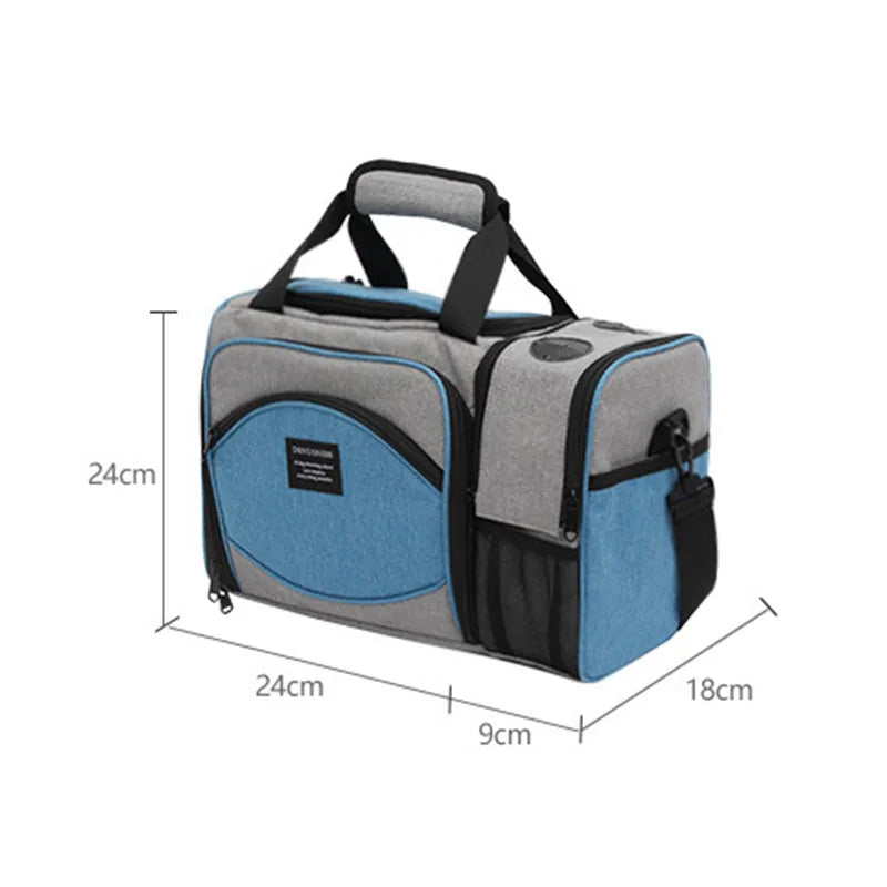 Sac isotherme 25L gris et bleu uni présenté avec ses dimensions 24 x 24 x 18 cm