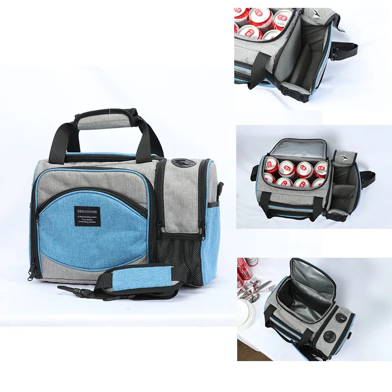 Montage de plusieurs vues du sac isotherme 25L gris et bleu uni, avec bandoulière, poche frontale et intérieur isotherme ouvert rempli de canettes.
