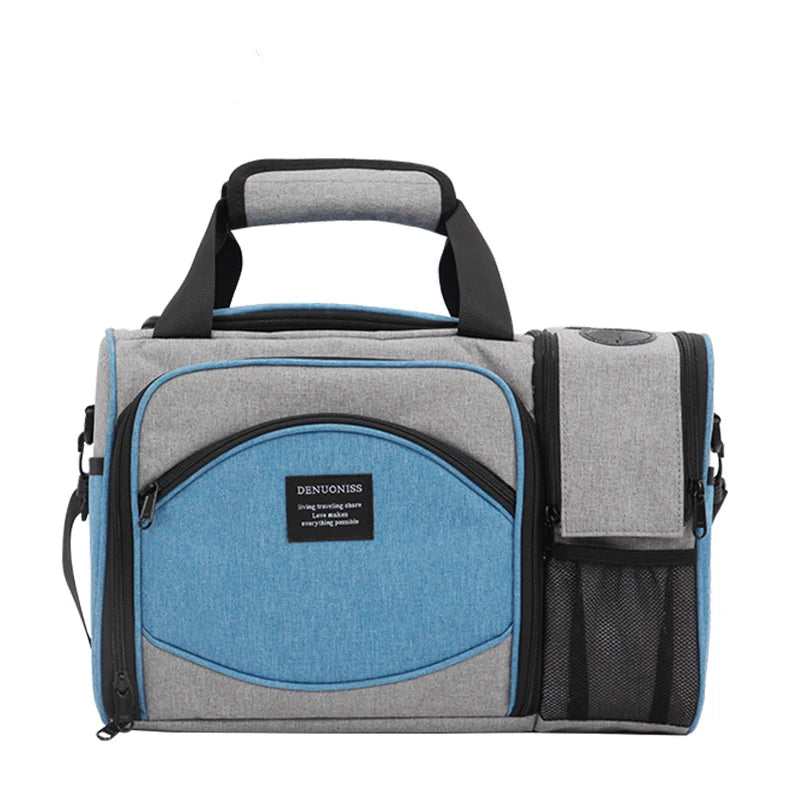 Sac isotherme 25L gris et bleu uni avec poignée rembourrée, poche frontale zippée et compartiments latéraux.