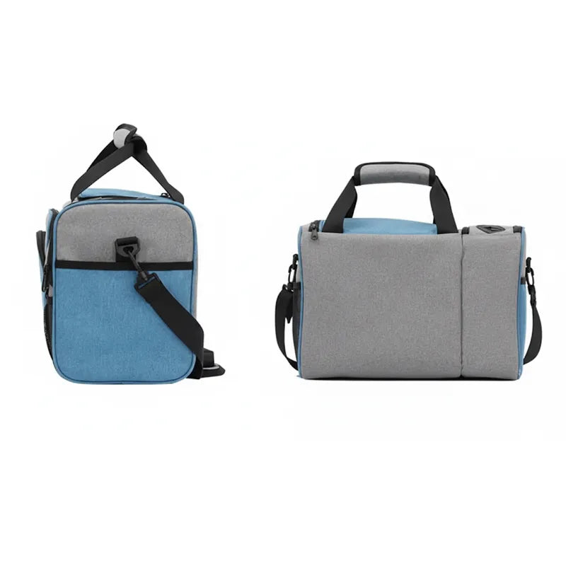 Vue latérale et arrière du sac isotherme 25L gris et bleu uni avec bandoulière et poignées renforcées.