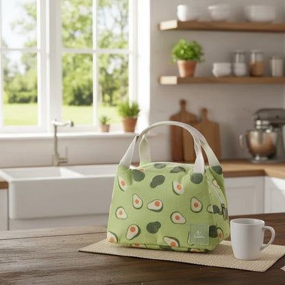 Sac isotherme vert clair à motifs d’avocats, posé sur une table en bois dans une cuisine lumineuse avec une tasse blanche et une fenêtre donnant sur un jardin verdoyant.