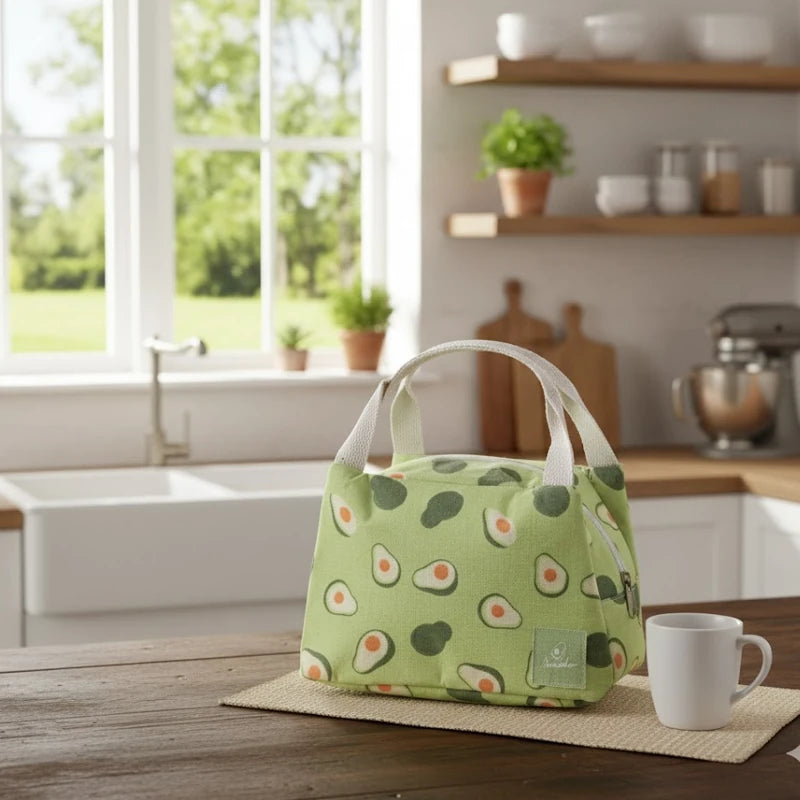 Sac isotherme vert clair à motifs d’avocats, posé sur une table en bois dans une cuisine lumineuse avec une tasse blanche et une fenêtre donnant sur un jardin verdoyant.