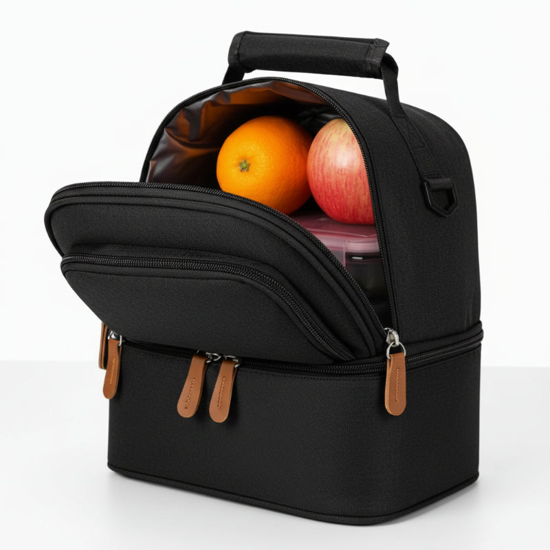 Sac isotherme bébé biberon noir à double compartiment, ouvert pour montrer l’intérieur avec fruits et boîte de repas, adapté au transport du biberon et des aliments.