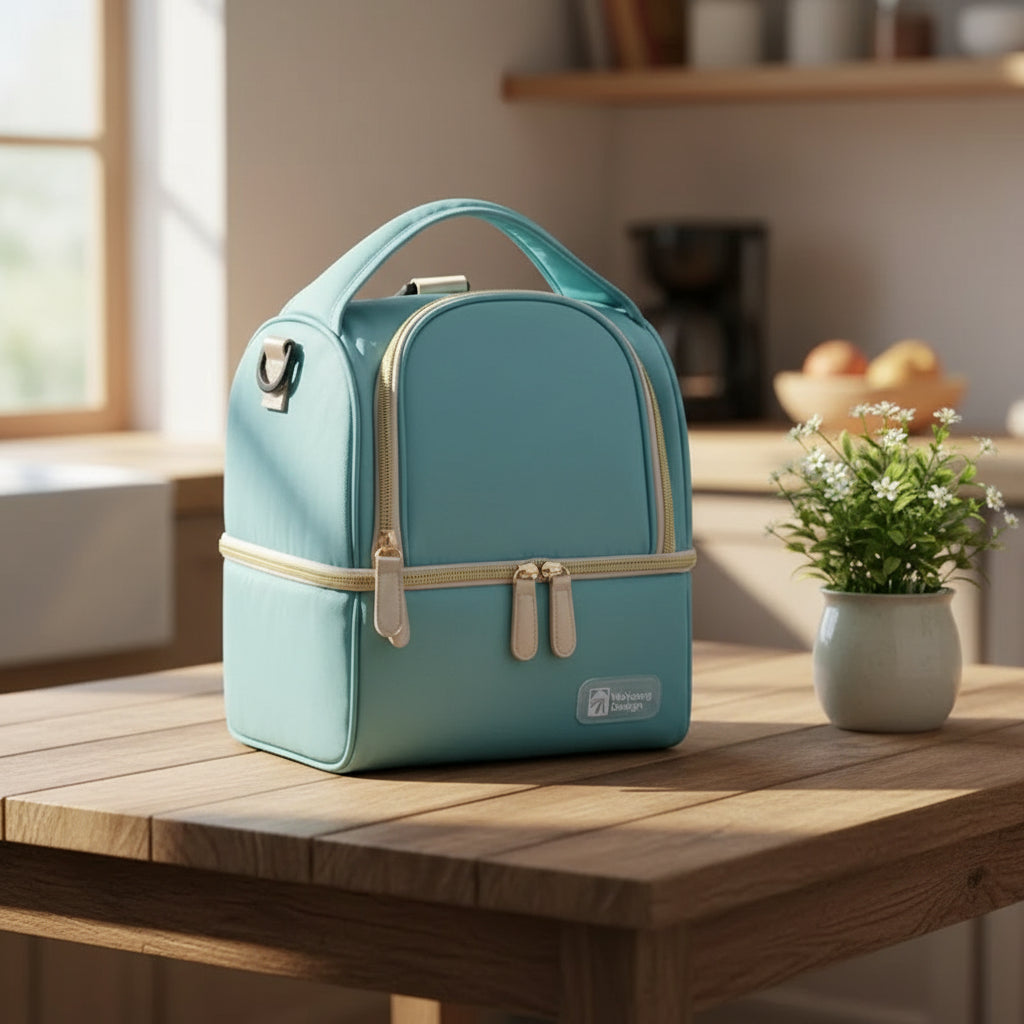 Sac isotherme bébé bleu brume posé sur une table en bois dans une cuisine lumineuse, avec double compartiment zippé et poignée renforcée.