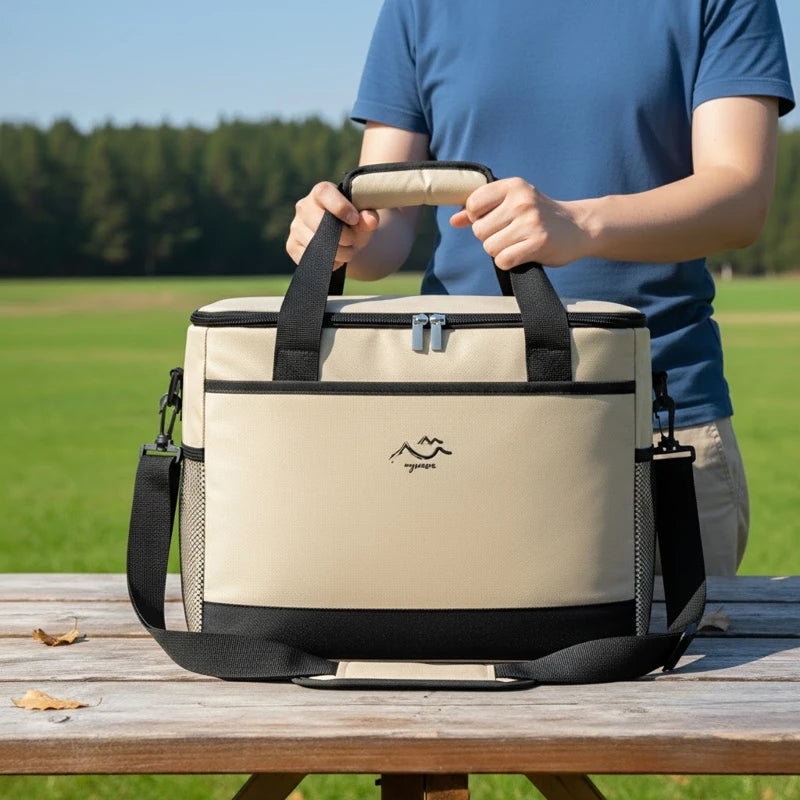 sac isotherme beige crème et noir tenu par un homme, posé sur une table en bois en extérieur dans un parc ensoleillé
