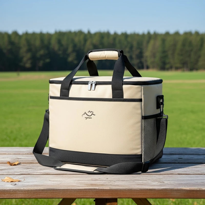 sac isotherme beige crème et noir posé sur une table en bois en extérieur, avec bandoulière visible et forêt en arrière-plan