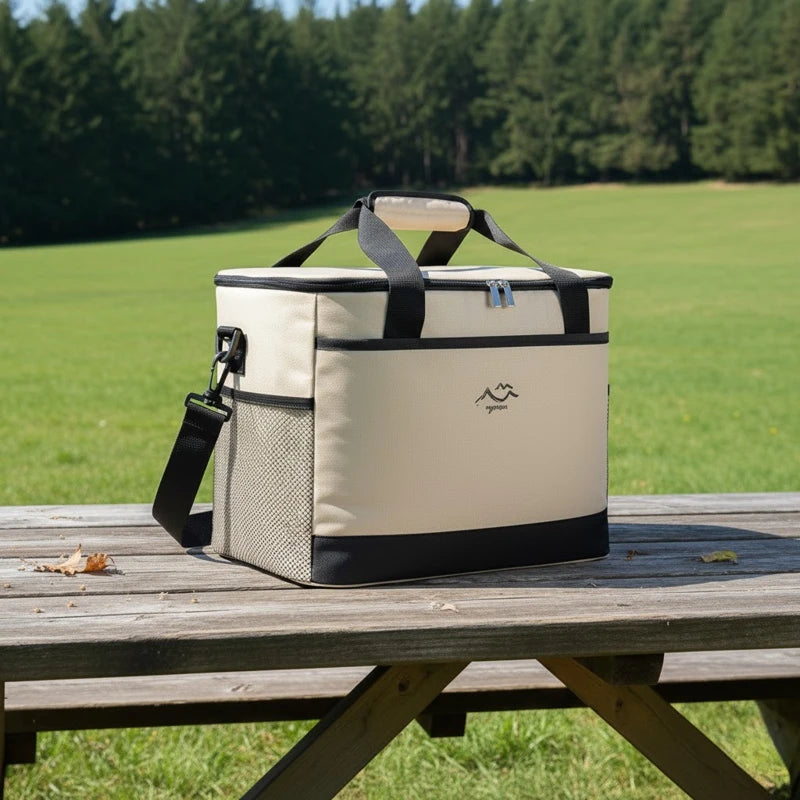 sac isotherme beige crème et noir posé sur une table en bois en extérieur, avec bandoulière et poignées, sous un ciel dégagé