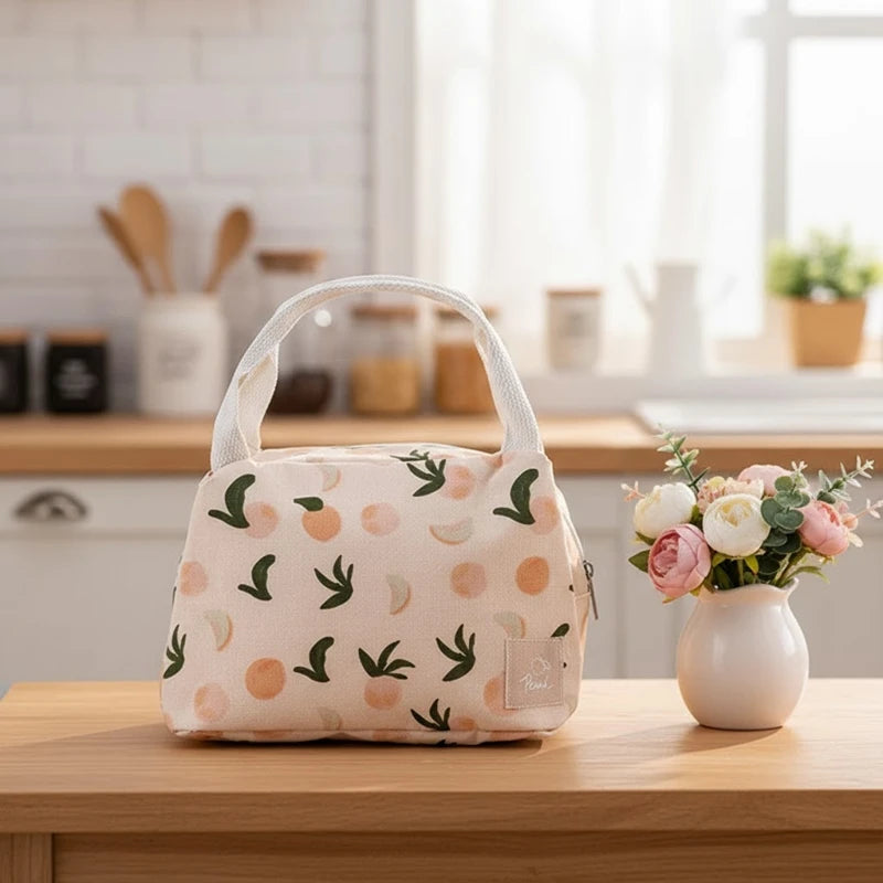 Sac isotherme beige à motifs de pêches et feuilles vertes, posé sur un plan de travail en bois dans une cuisine lumineuse avec un vase de fleurs.