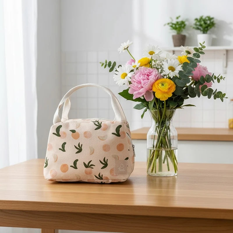 Sac isotherme beige à motifs pêches posé sur une table en bois à côté d’un bouquet de fleurs colorées, dans une cuisine lumineuse au style naturel.