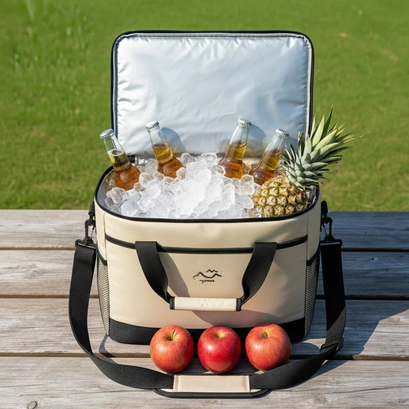sac isotherme beige ouvert rempli de glaçons, bouteilles, ananas et pommes, posé sur une table en bois en extérieur