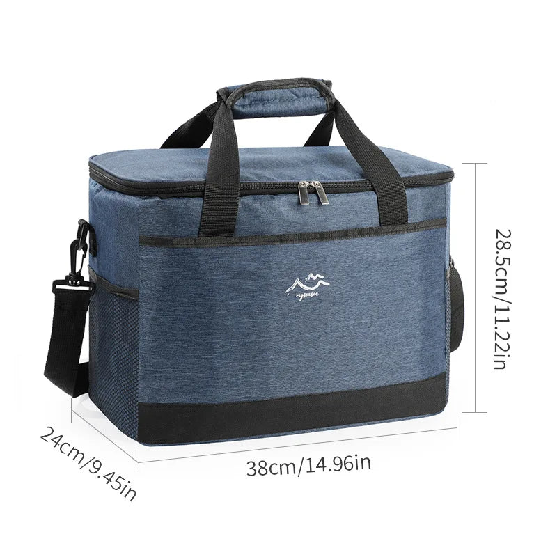 sac isotherme bleu chiné avec base noire présenté en vue studio, affichant ses dimensions 38×24×28,5 cm