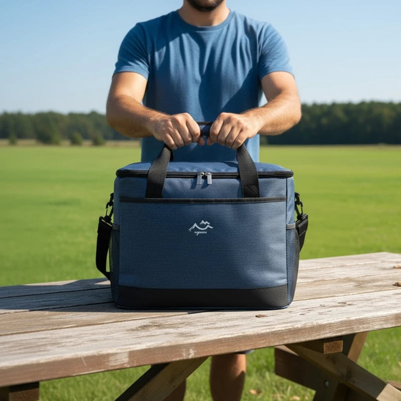 sac isotherme bleu chiné et noir tenu par un homme en extérieur, posé sur une table en bois dans un parc ensoleillé